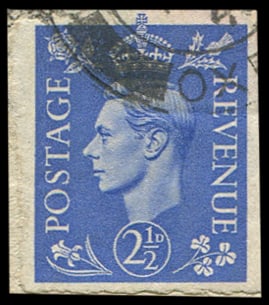 1941 2 1/2d SG 489c VARIETY, 'IMPERF' VFU: Four fine-huge margins ‘1941’ CDS , Very rare used, only a couple known. With BPA Cert. Acquired on the UK philatelic market. From the property of an English gentleman. TimeLine Auctions follows a