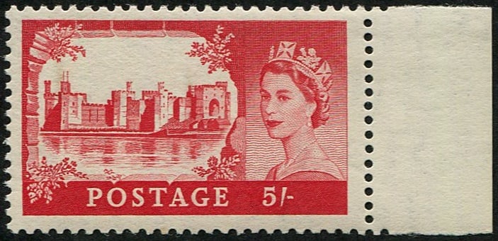 1955 Waterlow 5/- SG 537 U/M: Pristine fresh & marginal. Acquired on the UK philatelic market. From the property of an English gentleman. TimeLine Auctions follows a rigorous vetting process to ensure the authenticity and legality