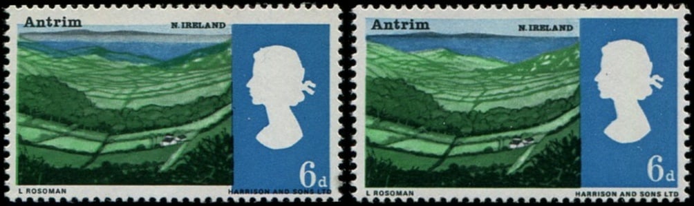 1966 Landscapes 6d SG 690 LARGE SHIFT OF 'BLUE' DOWNWARDS: (Leaving inscription at top in the margin) fine M/M. Normal shown on R/H side. Acquired on the UK philatelic market. From the property of an English gentleman. TimeLine Auctions follows a rigorous vet