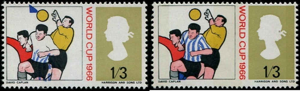 1966 World Cup 1/3d SG 695 SPECTACULAR SHIFT OF 'BLUE' DOWNWARDS: U/M with normal, striking. Acquired on the UK philatelic market. From the property of an English gentleman. TimeLine Auctions follows a rigorous vetting process to ensure the authenticity and legality