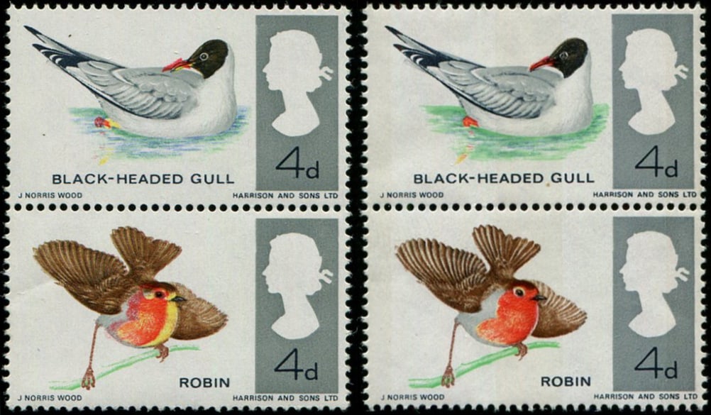 1966 Birds 4d SG 696 & 698 SHIFT OF 'RED' TO LEFT: (GULL'S BACK & FEET, ROBINS BREAST) U/M, with normal for comparison. Striking. Acquired on the UK philatelic market. From the property of an English gentleman. TimeLine Auctions follows a rigorous vet
