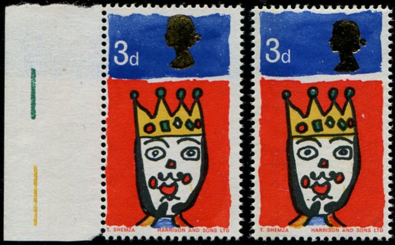 1966 Xmas 3d SG 713 LARGE SHIFT OF 'GOLD': (QUEEN'S HEAD) TO CENTRE, U/M with normal for comparison. Acquired on the UK philatelic market. From the property of an English gentleman. TimeLine Auctions follows a rigorous vetting process to ensur