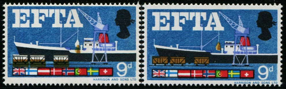 1967 EFTA 9d SG 715 SHIFT OF 'BROWN': (TRUCKS, SACK) DOWNWARDS, U/M with normal for comparison. Acquired on the UK philatelic market. From the property of an English gentleman. TimeLine Auctions follows a rigorous vetting process to ensur
