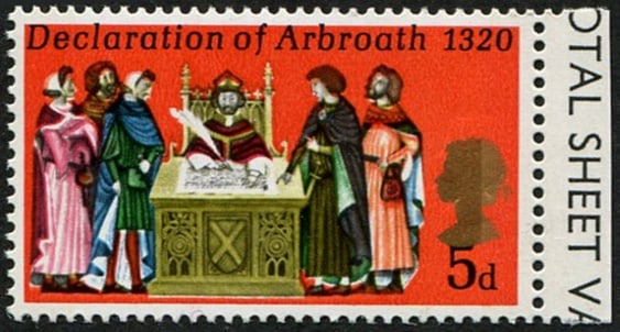 1970 Annivs 5d SG 819 DRAMATIC DROP OF 'GOLD': (QUEEN'S HEAD) partially over '5d' value. Very striking. Acquired on the UK philatelic market. From the property of an English gentleman. TimeLine Auctions follows a rigorous vetting process to ensure