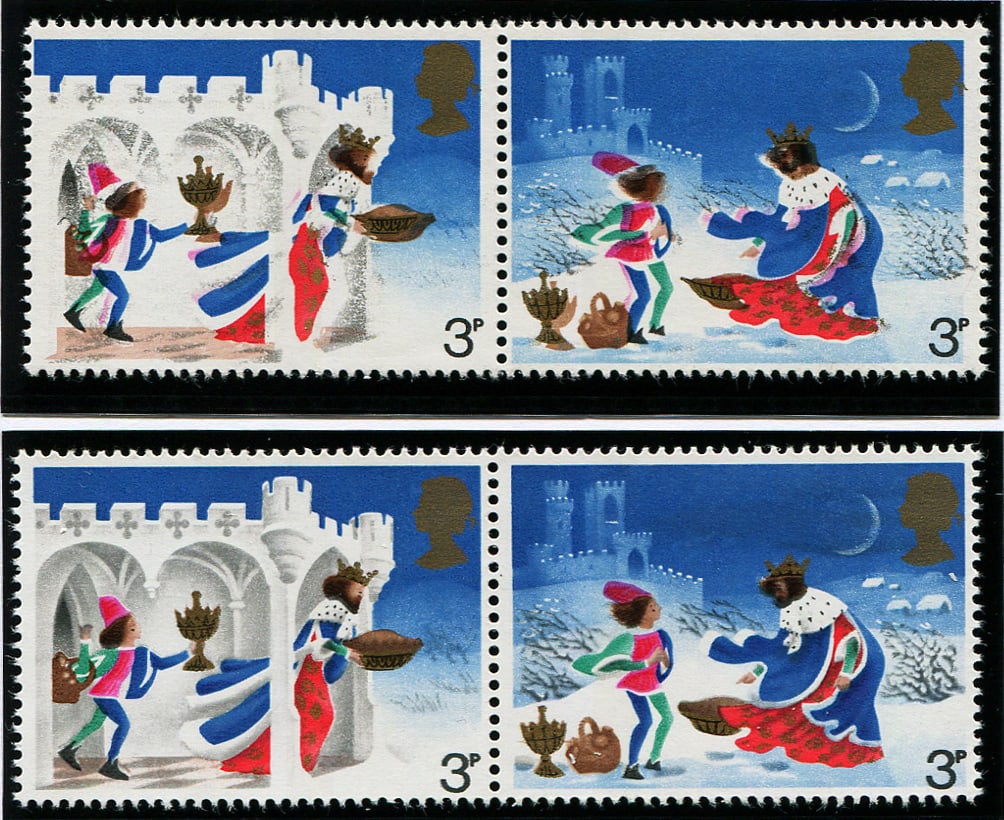 1973 Xmas 3p SG 945/46 MULTIPLE 'COLOUR SHIFT': ON PAIR U/M. With normal for comparison. Acquired on the UK philatelic market. From the property of an English gentleman. TimeLine Auctions follows a rigorous vetting process to ensure the authenticit