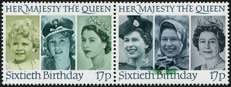 1986 60th Birthday 17p SG 1316/7 INKING FLAW: OF 'GREEN' on R/H copy. U/M. Acquired on the UK philatelic market. From the property of an English gentleman. TimeLine Auctions follows a rigorous vetting process to ensure the authenticity and legali