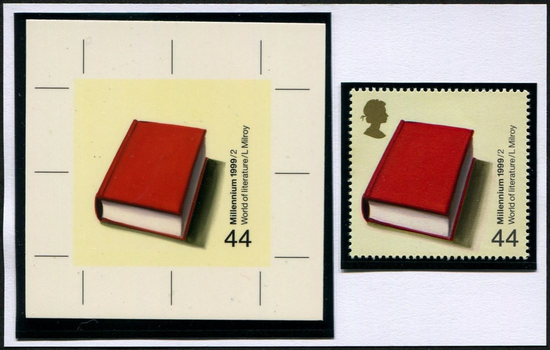 1999 Millennium 'The Artists Tale' 44p SG 2124: PHOTOGRAPHIC TRIAL 'PROOF' ON CARD (glossy print) QUEEN'S HEAD OMITTED & book in scarce shade of red. With issued stamp beside. Acquired on the UK philatelic market. From the property of an English ge
