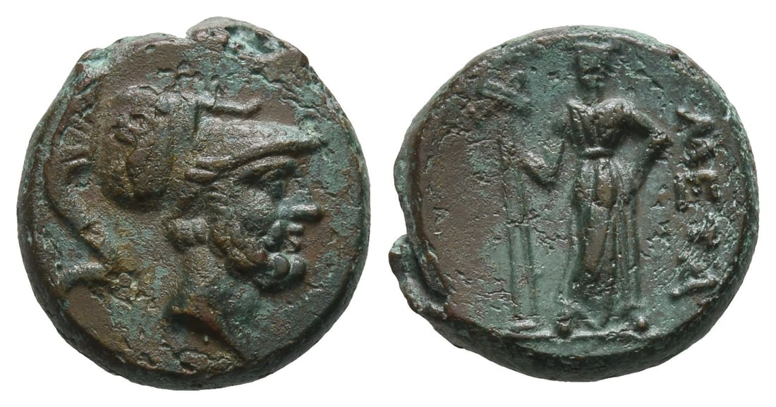 Lucania, Metapontion AE 17mm.: Circa 225-200(?) BC. Helmeted head of Leukippos to right / Demeter standing facing, head to right, holding long-cross torch; META to right. Johnston, Bronze 66; HN Italy 1702; HGC 1, 1099. 4.96gr, 17m