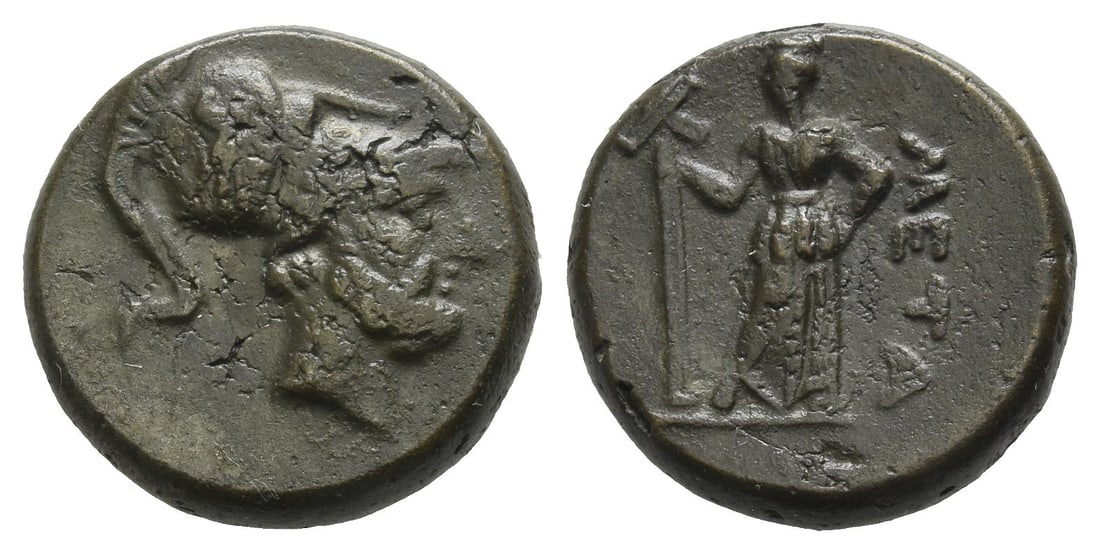 Lucania, Metapontion AE 16mm.: Circa 250-207 BC. Helmeted head of Leukippos to right / Demeter standing facing, head to right, holding long-cross torch; META to right. Johnston, Bronze 66; SNG ANS 561; HN Italy 1702; HGC 1, 1099. 5