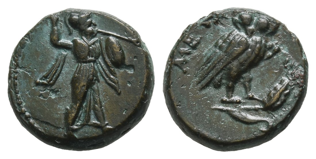 Lucania, Metapontion AE 14mm.: Circa 250-207 BC. Athena Promachos advancing to right, brandishing spear and shield / Owl standing on grain ear to right, head facing; META upwards to left. Johnston, Bronze 68a; SNG Copenhagen 1254; 