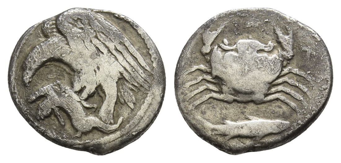 Sicily, Akragas AR Hemidrachm.: Circa 420-410 BC. Eagle to left, clutching dead hare in its talons / Crab; fish to right below. SNG ANS 1003. 1.93gr, 15mm, 8h. Near Very Fine. Acquired on the UK art market. From the collection of Mr