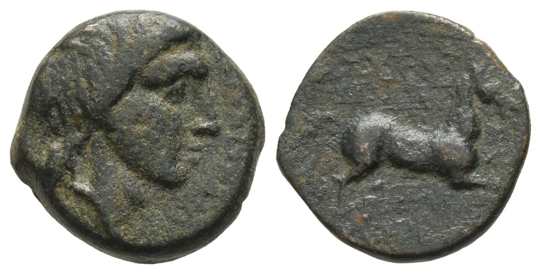 Sicily, Morgantina(?) AE 19mm.: Carthaginian occupation, circa 212-211 BC.. Veiled and wreathed head of Demeter to right / Horse galloping to right. Cf. HGC 2, 175 (Akragas). 6.29gr, 19mm, 7h. Near Very Fine. Acquired on the UK art 
