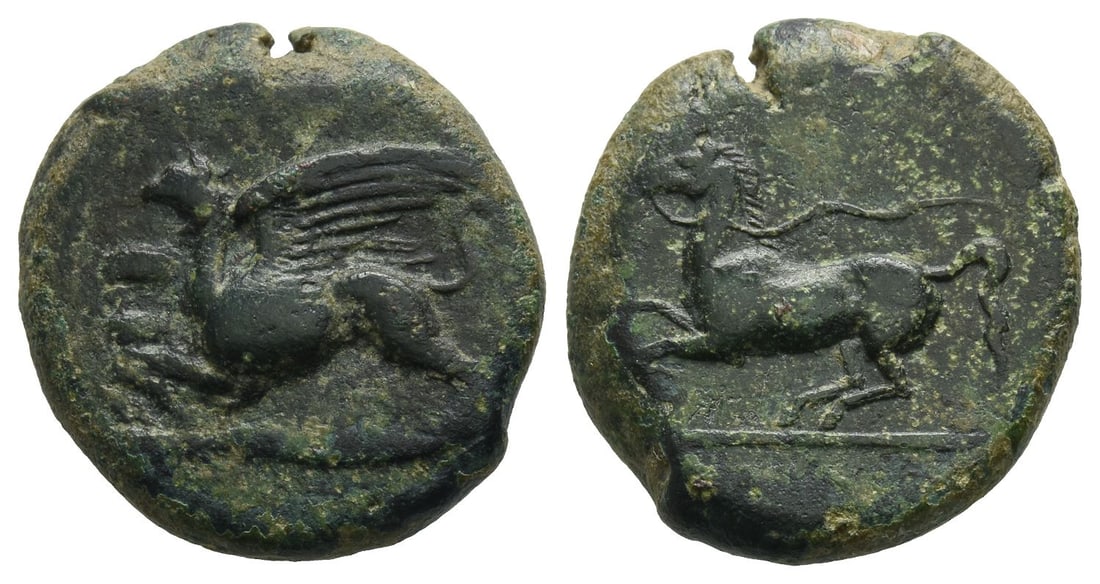 Sicily, Syracuse AE Tetras(?): Time of Dionysios II, 367-357 BC. 'Kainon' issue.. Griffin springing to left / [KAINON], horse galloping to left, with trailing rein. Campana 1 ('Kainon'); CNS I, p. 249, 1 ('Kainon'); HGC 2, 509 ('Ka