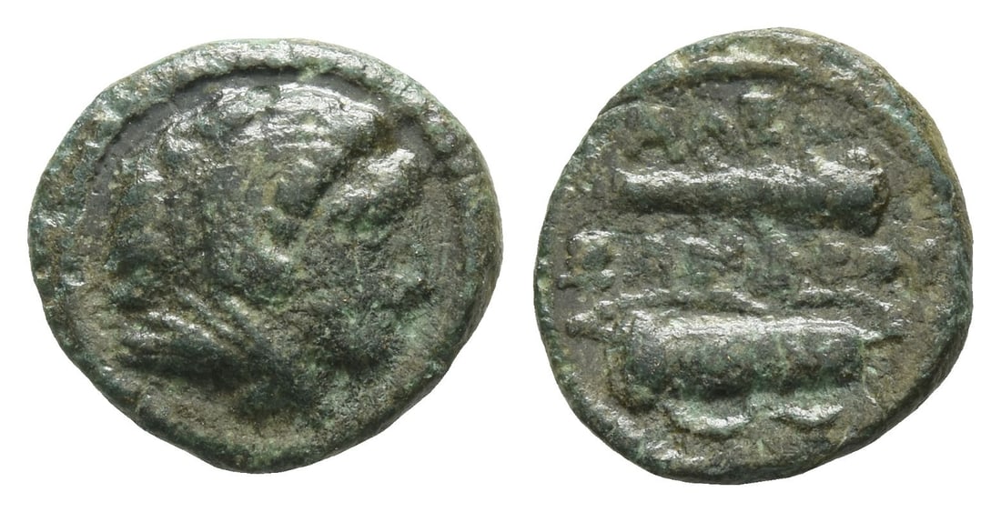 Kingdom of Macedon, Alexander III Quarter Unit.: 336-323 BC. Head of Herakles to right, wearing lion's skin headdress / ???-???????, club and quiver. 1.34gr, 13mm, 6h. Near Very Fine. Acquired on the European coin market. Property of a Kent, UK, gen