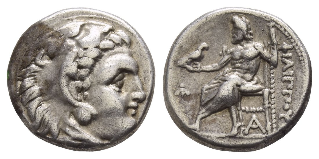 Kingdom of Macedon, Philip III Arrhidaios AR Drachm.: Circa 323-318 BC. Sardes mint. Struck under Menander or Kleitos, in the types of Alexander III of Macedon.. Head of Herakles to right, wearing lion skin headdress / Zeus A?tophoros seated to left, hol