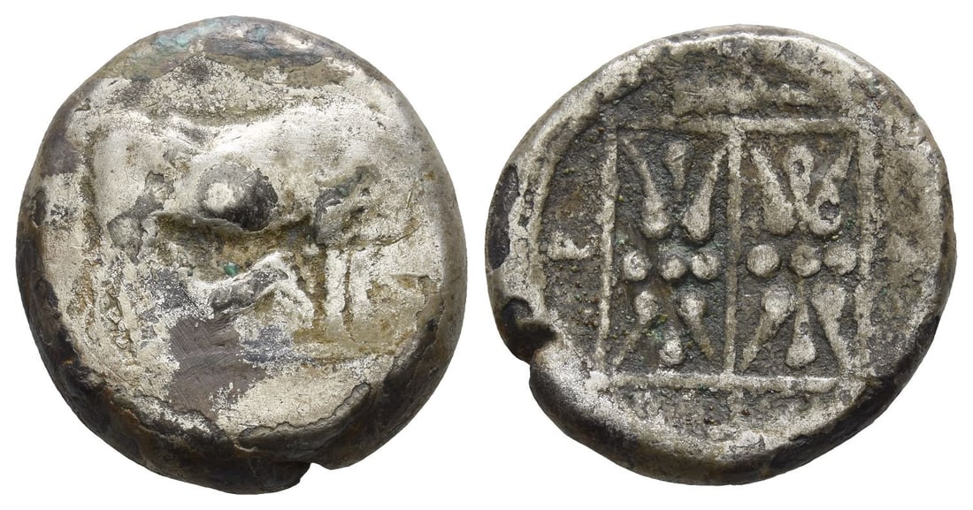 Illyria, Dyrrhachion AR Stater.: Circa 375-280 BC. Cow standing to right, looking back at suckling calf standing to left below / ?-?-?, vertical double stellate pattern, divided by line, in linear square border; club above; all withi