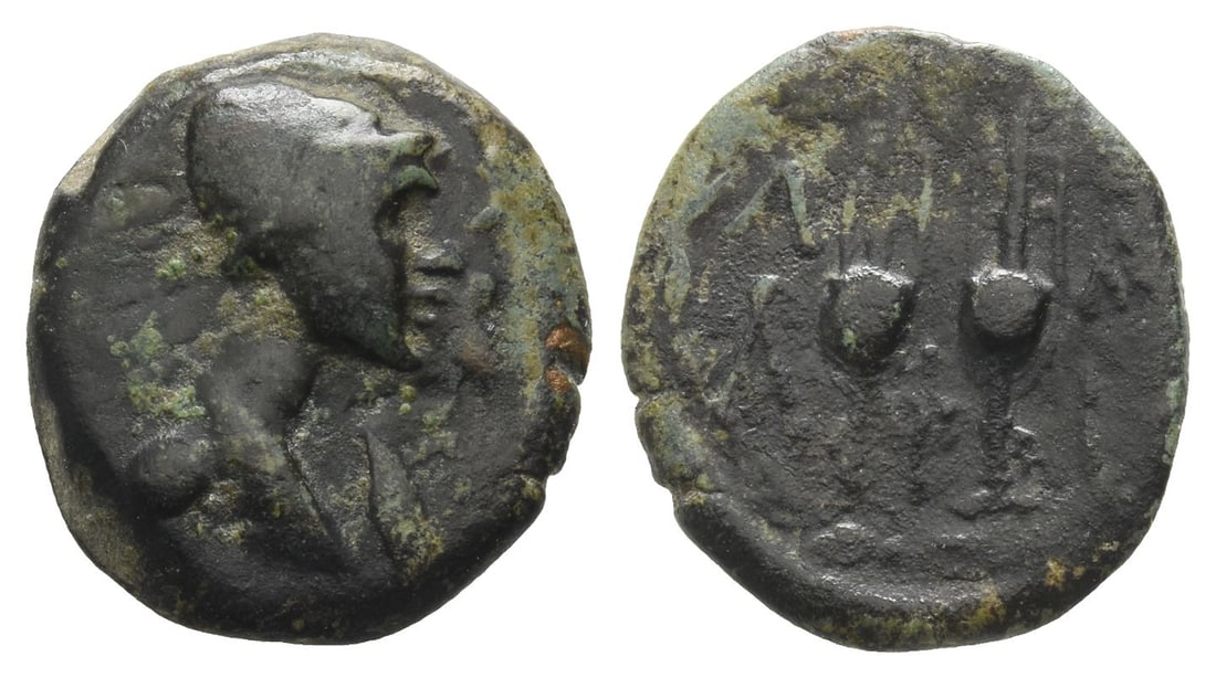 Laconia, Lakedaimon (Sparta) AE 17mm.: Circa 48-35 BC. ???- (Aphi-), magistrate.. Jugate heads of the Dioskouroi to right / ?-A, two amphorae; ?-?-? in fields. BCD Peloponnesos II 2349; Grunauer group XV, series 9; HGC 5, 629. 3.63gr, 17mm