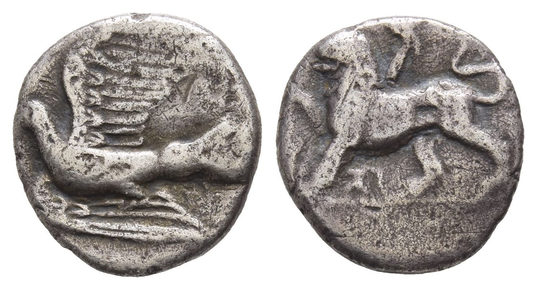 Sikyonia, Sikyon AR Triobol or Hemidrachm.: Circa 330/20-280 BC. Dove flying to left; [pellet above tail?] / Chimaera standing to left, raising forepaw; ?I below. Cf. BCD Peloponnesos 292; HGC 5, 213. 2.49gr, 15mm, 12h. Near Very Fine. Acquired