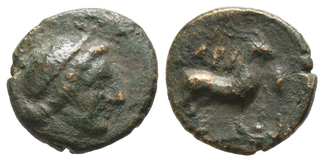 Cyclades, Paros AE Dichalkon.: Late 3rd-mid 2nd century BC. Wreathed head of Demeter to right / ?API, goat standing to right; in right field, grain ear(?). Cf. HGC 6, 670. 4.09gr, 18mm, 12h. Near Very Fine. Extremely rare, apparent
