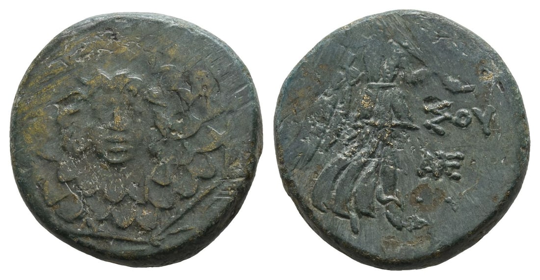 Pontos, Amisos AE 20mm.: Time of Mithradates VI Eupator, circa 85-65 BC.. Aegis / [AMI]-?OY, Nike advancing to right, holding palm over her left shoulder; to right, monogram. HGC 7, 242. 7.40gr, 20mm, 1h. Very Fine. Acquired 