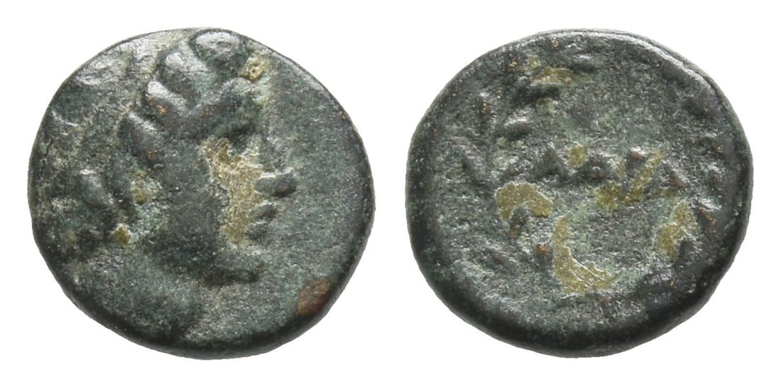Mysia, Adramyteion AE 10mm.: 3rd century BC. Diademed head of Apollo to right / ???? within wreath. 0.73gr, 10mm, 11h. Very Fine. Acquired on the European coin market. Property of a Kent, UK, gentleman. TimeLine Auctions follows 