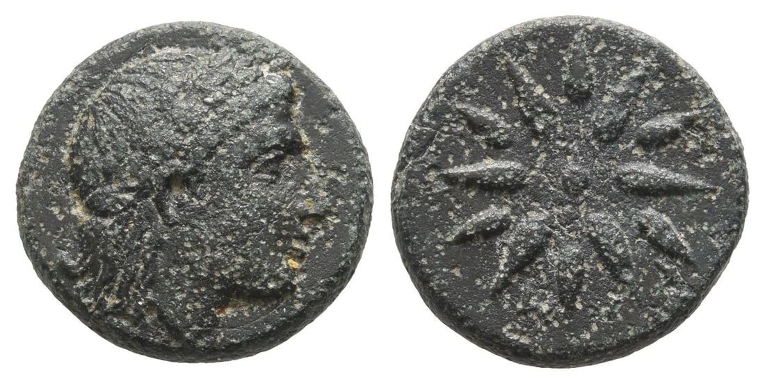 Mysia, Gambrion AE 17mm.: Circa 400-300 BC. Laureate head of Apollo to right / ???, twelve-rayed tar. Plankenhorn 2; SNG BnF 908?21. 4.57gr, 17mm, 12h. Very Fine. Acquired on the European coin market. Property of a Kent, UK, g