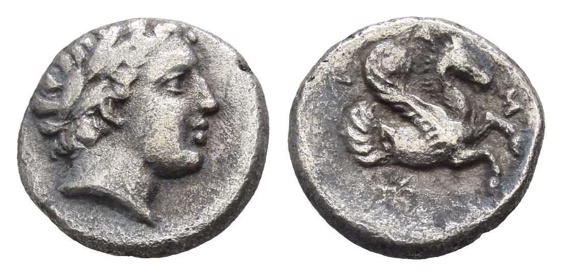 Mysia, Lampsakos AR Diobol.: Circa 350-300 BC. Laureate head of Apollo to right / ?-?-?, forepart of Pegasos to right; star(?) below. Baldwin, Lampsakos, Group B, IV; cf. SNG Ashmolean 674. 1.11gr, 11mm, 1h. Very Fine. Toned. Acq