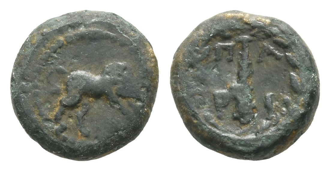 Mysia, Parion AE 11mm.: Circa 350-300 BC. Bull butting to right / Upright club; ?-?-?-? across fields, all within wreath. Unpublished in the standard references, cf. BMC 54-56 for similar type. 1.41gr, 11mm, 6h. Near Very Fi
