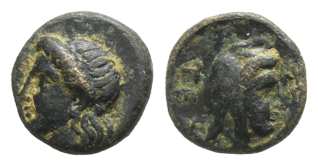 Dynasts of Mysia, Prokles AE 10mm.: Circa 400 BC. Teuthrania mint. Head of Apollo to left / Head of satrap to right, wearing bashlyk; TEY to left, monogram to right. BMC -; SNG Copenhagen 549; SNG von Aulock -; SNG T?bingen 2502; Trait?