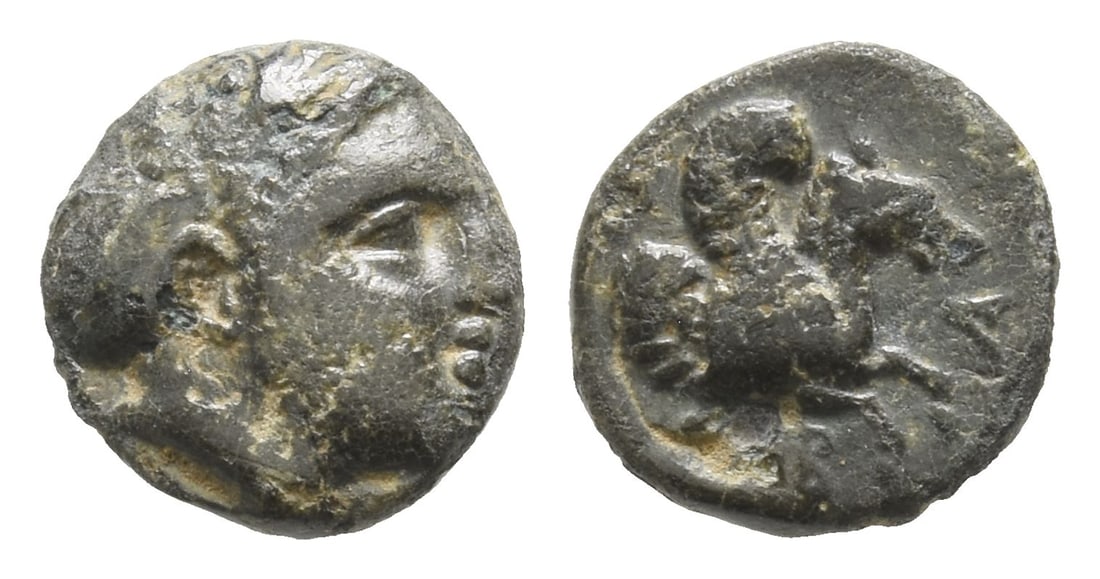Mysia, Thebe AE 9mm.: Circa 4th-3rd centuries BC. Head of Demeter to right, wearing wreath of grain ears / [??]?-A, forepart of Pegasos with curled wing to right. BMC -; SNG Copenhagen -; SNG von Aulock -; Imhoof-Blumer, M