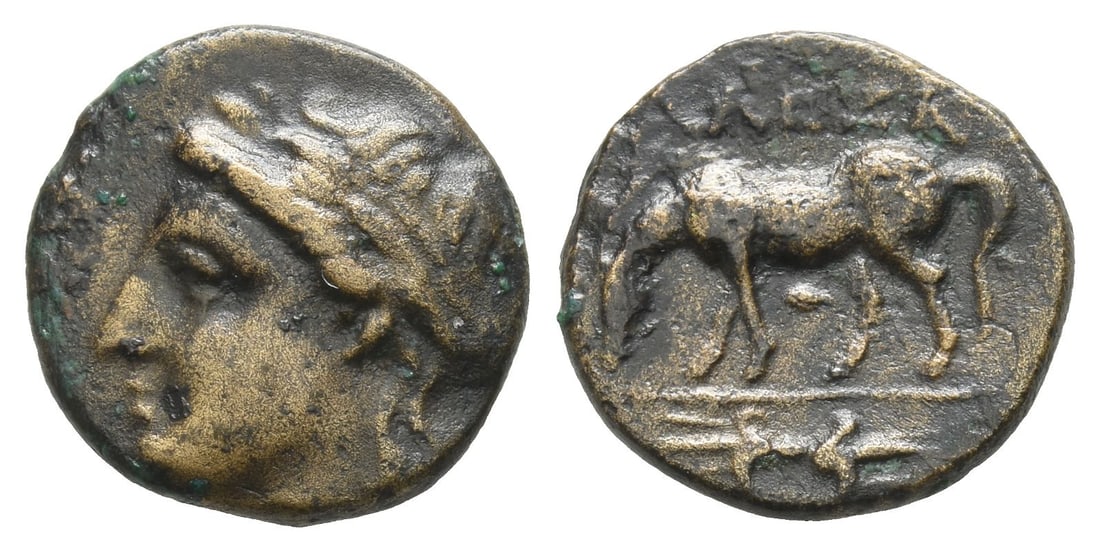 Troas, Alexandreia AE 15mm.: Circa 241-228 BC. Laureate head of Apollo to left / ?????, horse grazing to left; corn-grain below, thunderbolt in exergue. Bellinger A112. 2.71gr, 15mm, 5h. Very Fine. From a UK collection formed in 