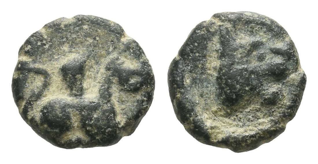 Troas, Assos AE 9mm.: Circa 400-250 BC. Griffin seated to right / Roaring lion's head to right. SNG M?nchen -; SNG Copenhagen -; SNG von Aulock -; Klein -. The attribution of this coin to Assos is based on its similarity t