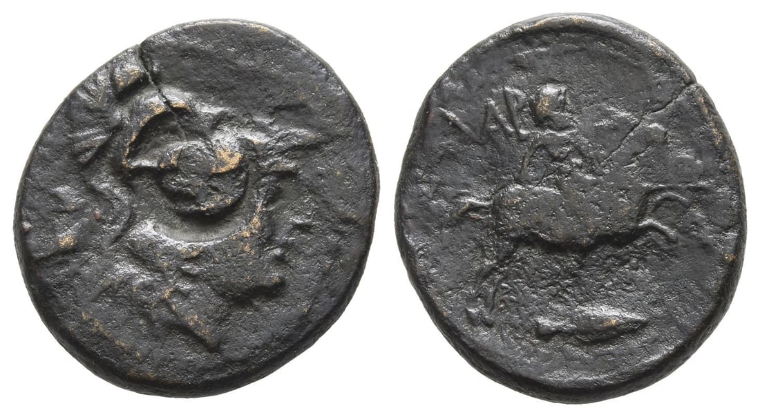 Troas, Dardanos AE 22mm.: Circa 400-300 BC. Head of Athena to right, wearing Corinthian helmet; c/m: facing head of Athena, wearing tripled-crested helmet(?) / ??P, horseman galopping to right, and holding spear; spearhead bel