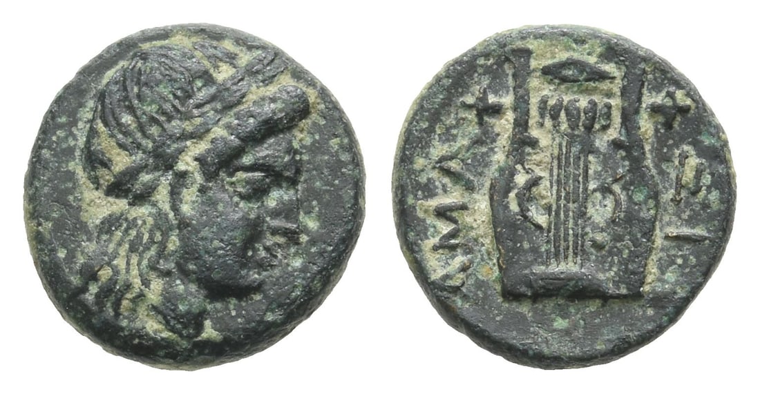 Troas, Hamaxitos AE 11mm.: Circa 400-300 BC. Laureate head of Apollo to right / ???-??, lyre. SNG von Aulock 7601; SNG Copenhagen 342. According to Aelian, the inhabitants of Hamaxitus worshipped mice, and for this reason calle