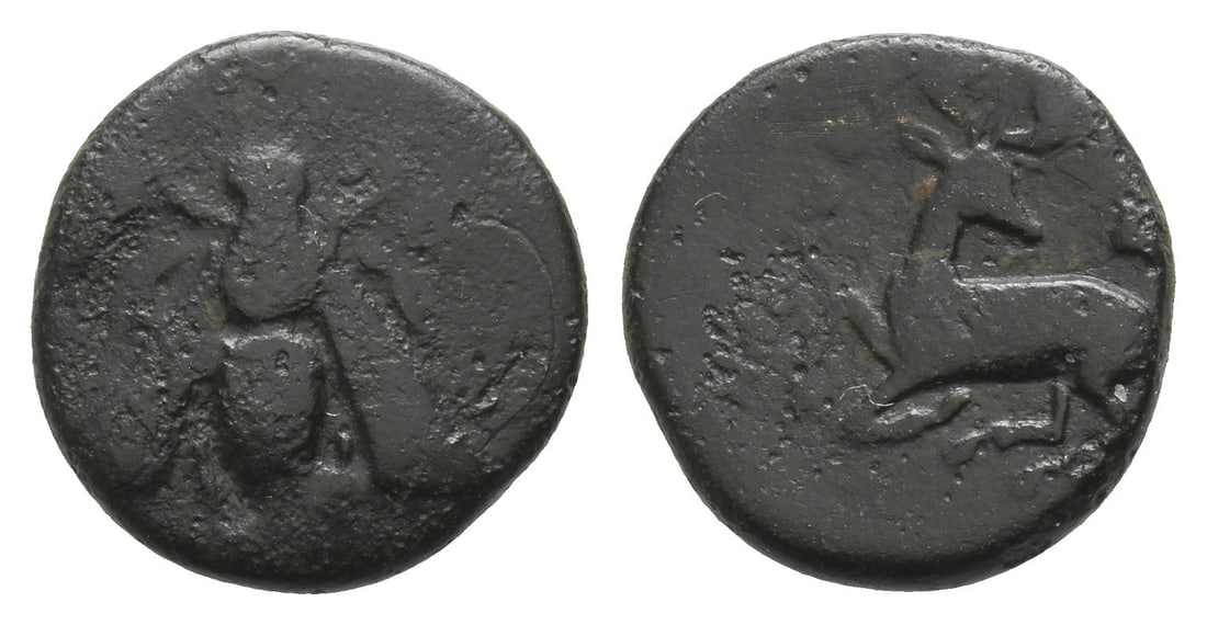 Ionia, Ephesos AE 13mm.: Circa 390-325 BC. Uncertain magistrate. Bee / Stag kneeling to left, head reverted; astragalos(?) above; magistrate's name before. Cf. Karwiese II, Series 11.3. 2.05gr, 13mm, 12h. Good Fine. Acquired 
