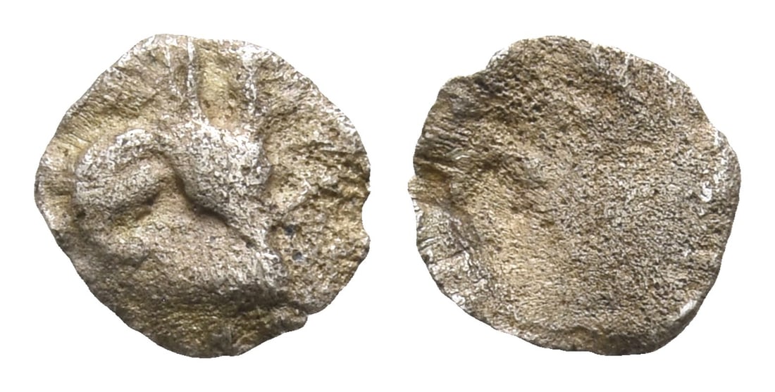 Ionia, Teos AR Tetartemorion.: Circa 450-425 BC. Griffin seated to right, raising forepaw / Quadripartite incuse square. SNG Copenhagen 1442. 0.15gr, 7mm, 12h. Near Very Fine. Acquired on the European coin market. Property of a Ken