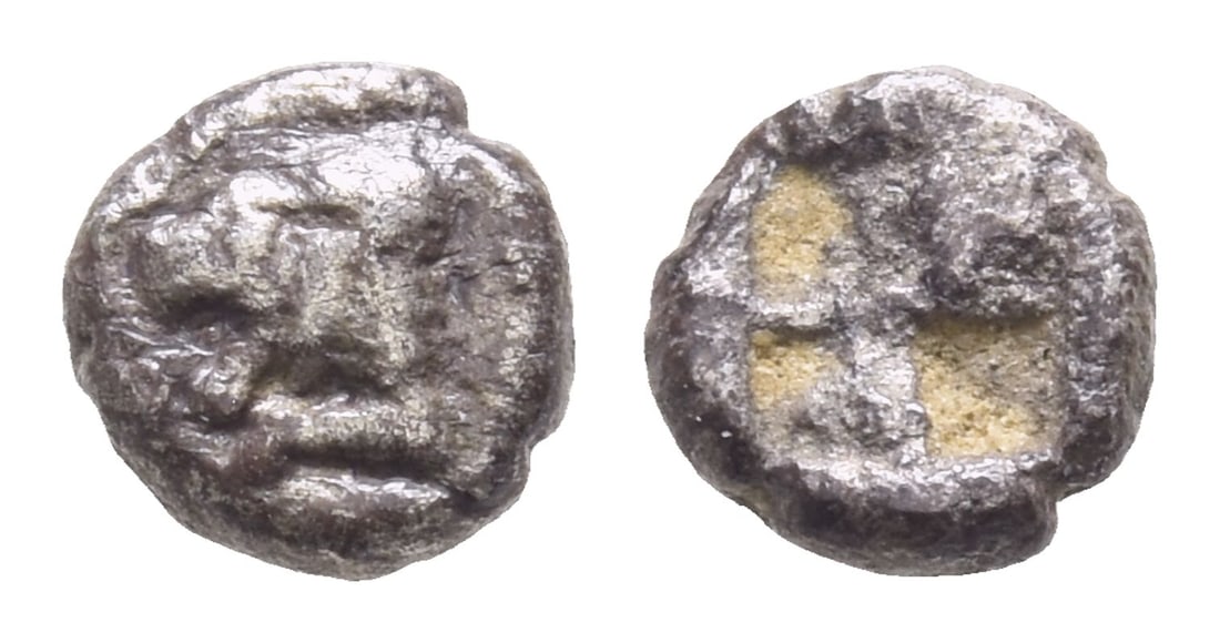 Ionia, Uncertain Mint AR Hemiobol.: 5th century BC. Forepart of lion to left / Quadripartite incuse square. Klein -; Rosen -; SNG Kayhan -; cf. Leu Numismatik, Web Auction 19,1292. 0.30gr, 6mm, 12h. Near Very Fine. Acquired on the Europ