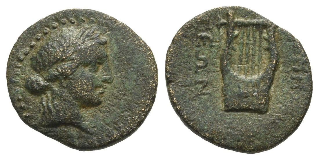 Pisidia, Termessos AE 18mm.: 1st century BC. Laureate head of Apollo to right / [TEP]MH?-????, lyre. SNG BnF 2095; Waddington 4018. 3.24gr, 18mm, 5h. Very Fine. Acquired on the UK art market. From the collection of Mr Carlos Baha