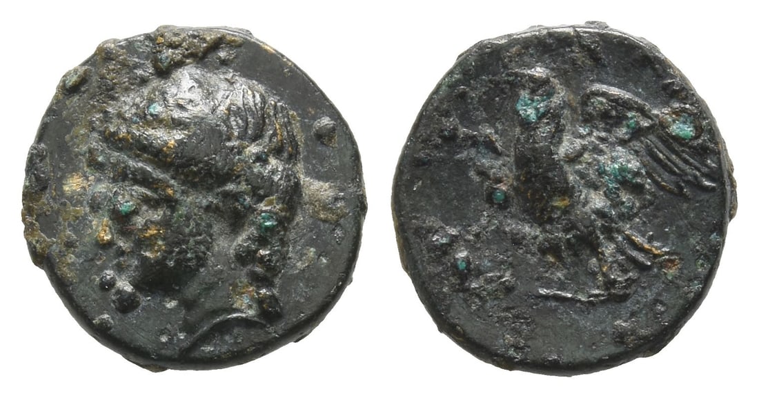 Caria, Halikarnassos AE 12mm.: Circa 350-200 BC. Laureate head of Apollo to left / [???], eagle standing to left; lyre(?) to left. Cf. SNG Copenhagen 346-7; cf. SNG Keckman 50; cf. HNO 457. 1.28gr, 12mm, 1h. Near Very Fine. Acquire