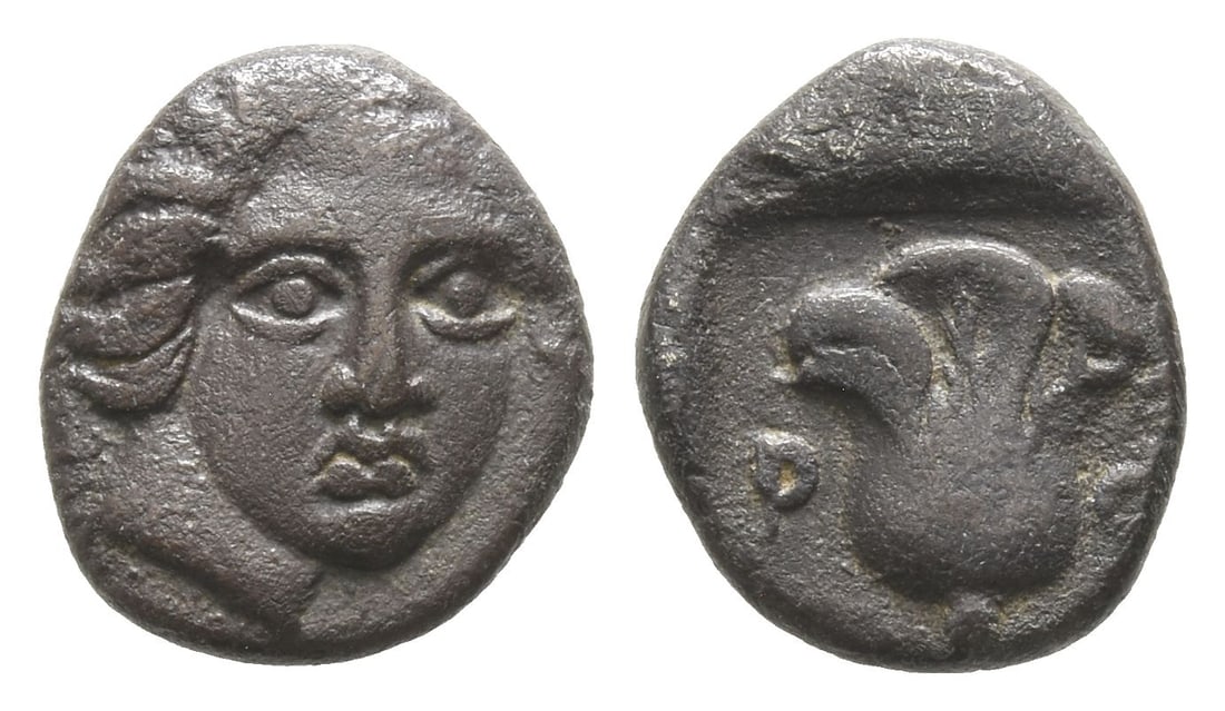 Islands off Caria. Rhodos, Rhodes AR Hemidrachm.: Circa 408-390 BC. Helios facing slightly to right / Rose; P-O across fields, all within incuse square. Ashton 19; SNG Copenhagen 725; SNG Keckman 367; HGC 6, 1426. 1.72gr, 12mm, 12h. Very Fine. Acquir