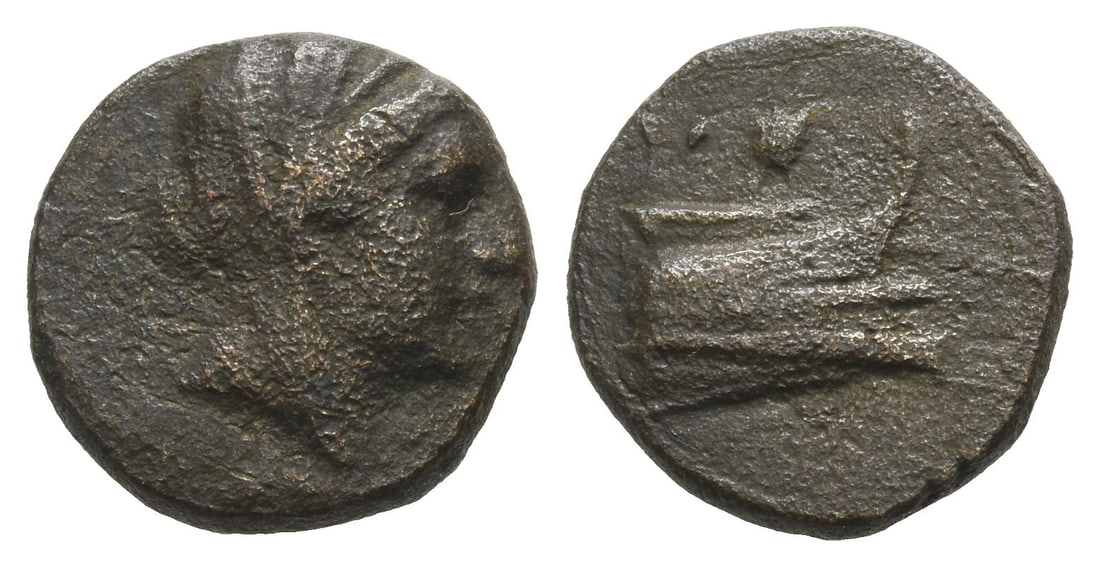Islands off Caria. Rhodos, Rhodes AE 14mm.: Circa 226-220 B.C. Diademed and veiled female bust (of Berenike II?) to right / [PO], prow of galley to right; above, rose. R. Ashton: Rhodian Bronze Coinage and the Earthquake of 229-229 BC, in: NC 1