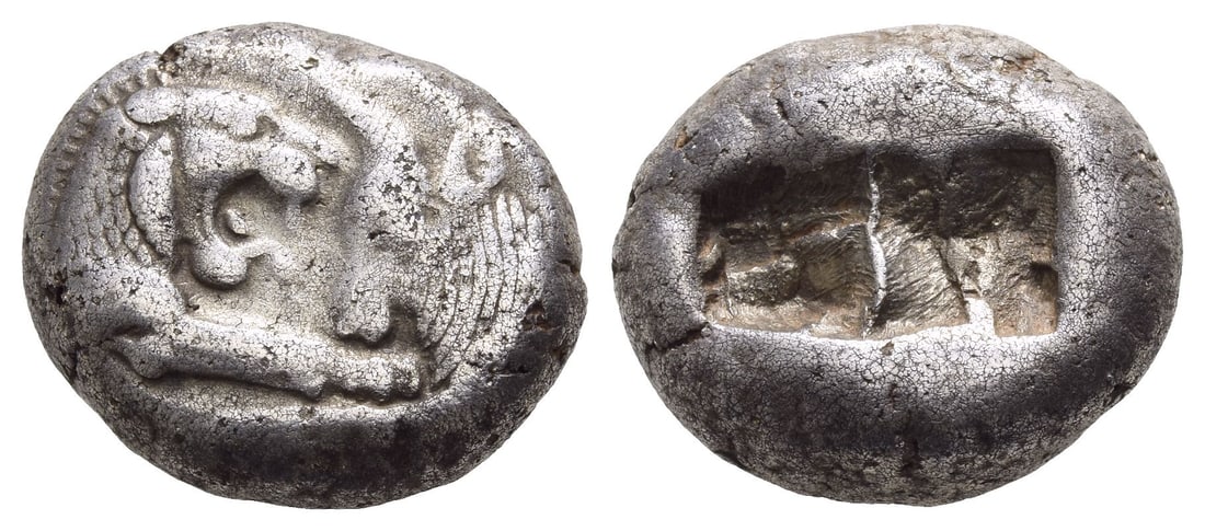 Kingdom of Lydia, Kroisos AR Stater-Double Siglos.: Struck circa 561-546 BC. Sardes mint. Confronted foreparts of lion to right, with extended right foreleg, and bull to left / Bipartite incuse squares of unequal size. GRPC Lydia S1; Berk 20; Trait? I 