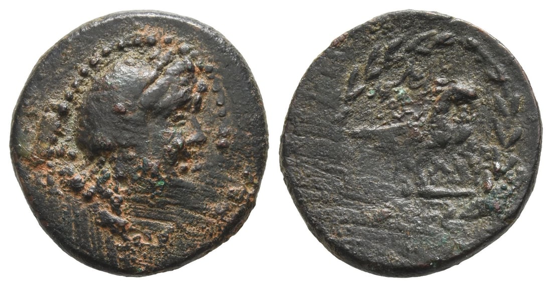 Lydia, Klannudda AE 22mm.: 2nd-1st century BC. Laureate head of Zeus to right / K?ANNOY?E?N, eagle standing to right on thunderbolt, all within wreath. Prowe III, 1452; GRPC Lydia 5. 6.82gr, 22mm, 11h. Near Very Fine. Rare city