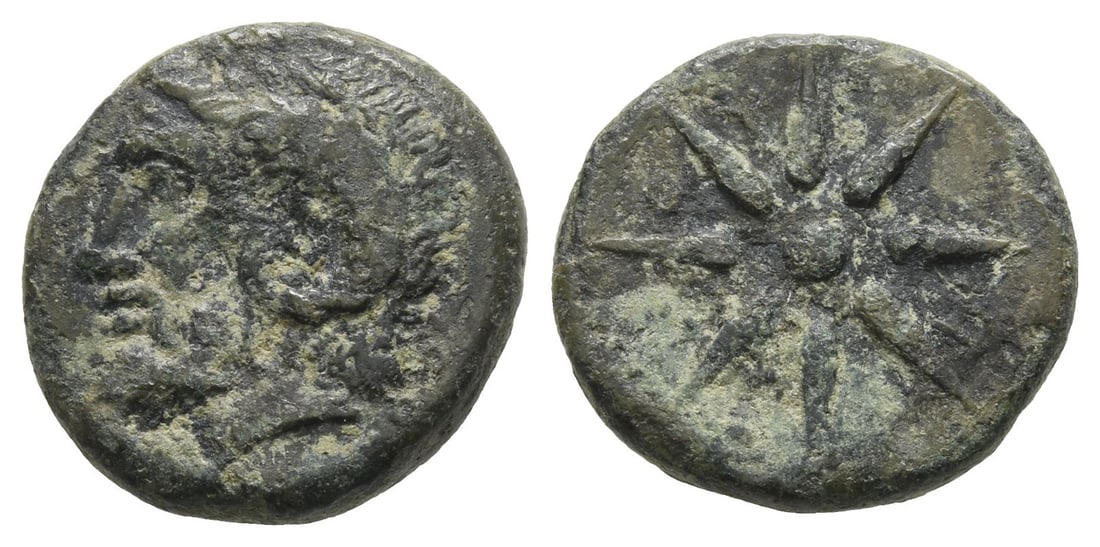 Lydia, Thyessos AE 18mm.: Circa 400-300 BC. Laureate head of Zeus Ammon to left / Eight-rayed star, ?-Y above. GRPC Lydia 3; BMC 3 (Troas, Thymbra); SNG von Aulock 1584 (same). For the reattribution of this coinage from Thymbr