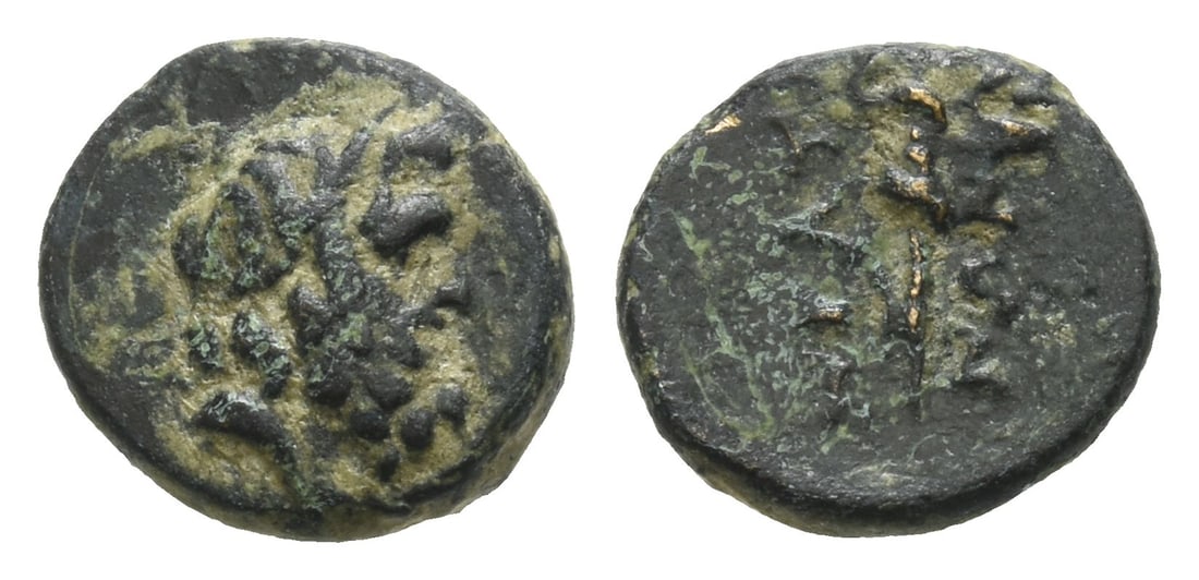 Phrygia, Peltae AE 10mm.: 2nd-1st century BC. Laureate head of Zeus (or Herakles) to right / ?????-???, club(?). Cf. BMC 7. 1.04gr, 10mm, 12h. Very Fine. Acquired on the European coin market. Property of a Kent, UK, gentleman.