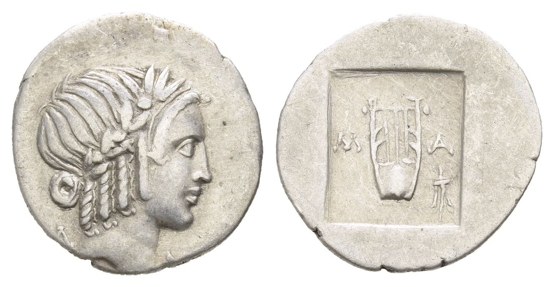 Lykian League, Masikytes AR Hemidrachm.: Circa 28-18 BC. Laureate head of Apollo to right; ?-[Y] across fields / Kithara; M-A across fields, tripod in lower right field; all within shallow incuse square. RPC I 3310; Troxell, Lycian League, P