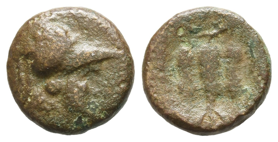 Pamphylia, Side AE 15mm.: Circa 2nd-1st century BC. Head of Athena to right, wearing crested Corinthian helmet / Pomegranate. SNG BnF 770. 3.26gr, 15mm, 6h. Very Fine. Acquired on the European coin market. Property of a Kent, 