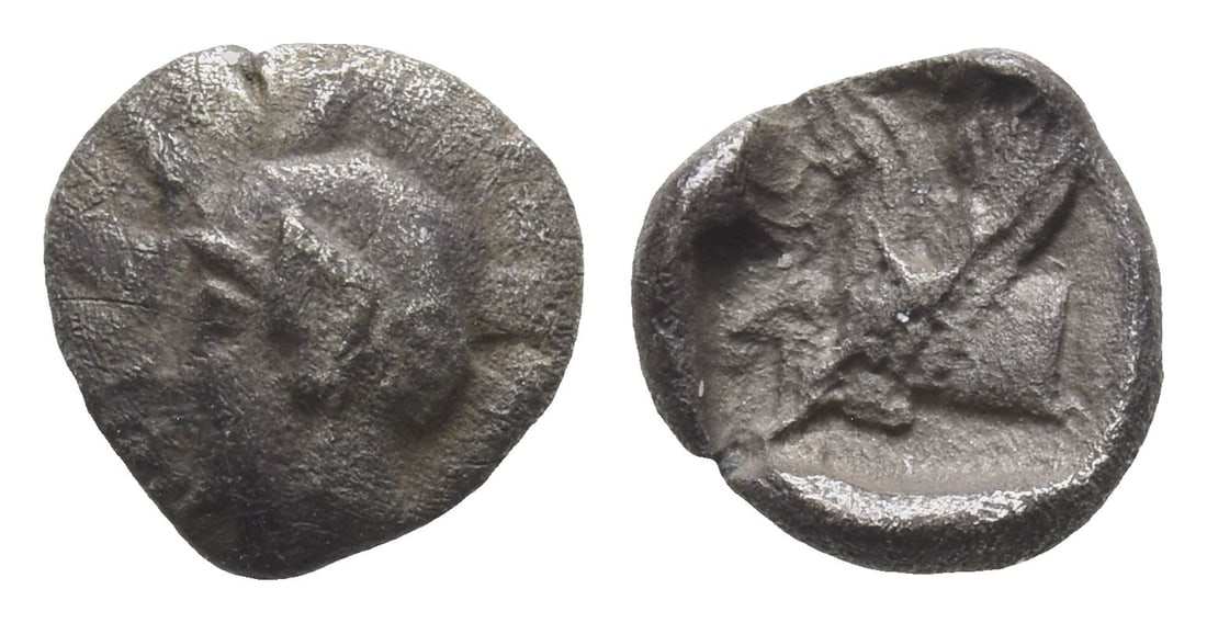Cilicia, Kelenderis AR Obol.: Circa 410-375 BC. Helmeted head of Athena to left / Forepart of Pegasos to left within incuse square. G?kt?rk -; SNG BnF 103-7. 0.65gr, 9mm, 12h. Very Fine. Acquired on the European coin market. Prope