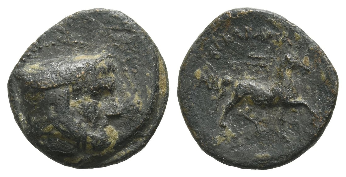 Kings of Cappadocia, Ariaramnes AE 17mm.: Circa 280-230 BC. Uncertain Cappadocian mint. Head to right, wearing bashlyk / Horse trotting to right; APIAPAMNOY and ? above; monogram behind. Simonetta -; Simonetta, Coins -; SNG Copenhagen -; Gans