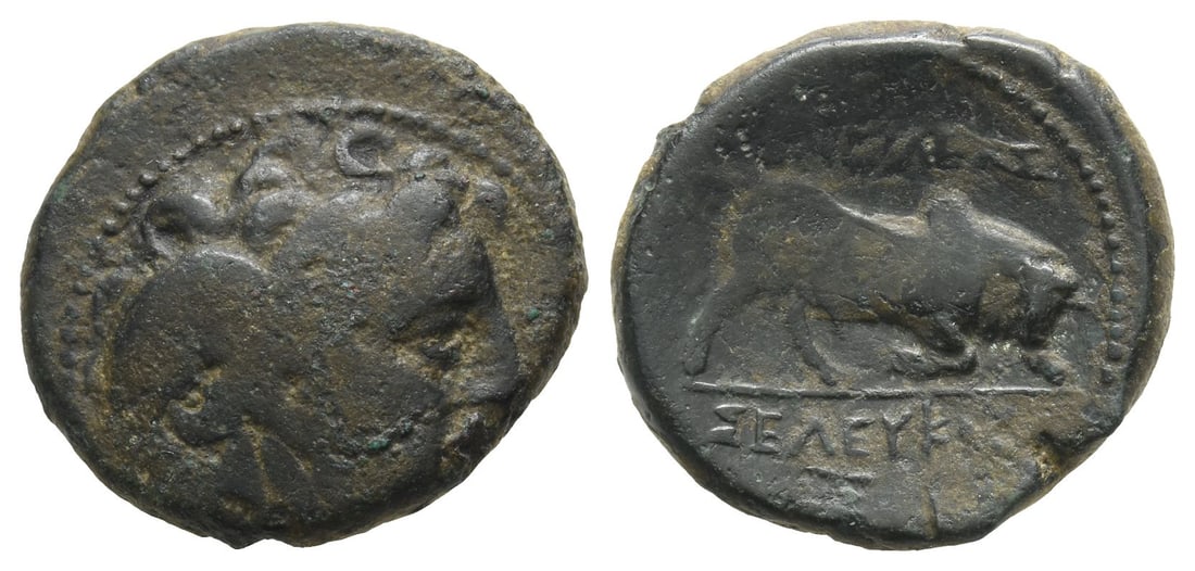 Seleukid Empire, Seleukos I Nikator AE 21mm.: Second satrapy and kingship, struck circa late 280s BC. Antioch on the Orontes mint.. Winged head of Medusa to right / ???????? ????????, bull butting to right; ? in exergue. SC 21.2b; HGC 9, 92a corr